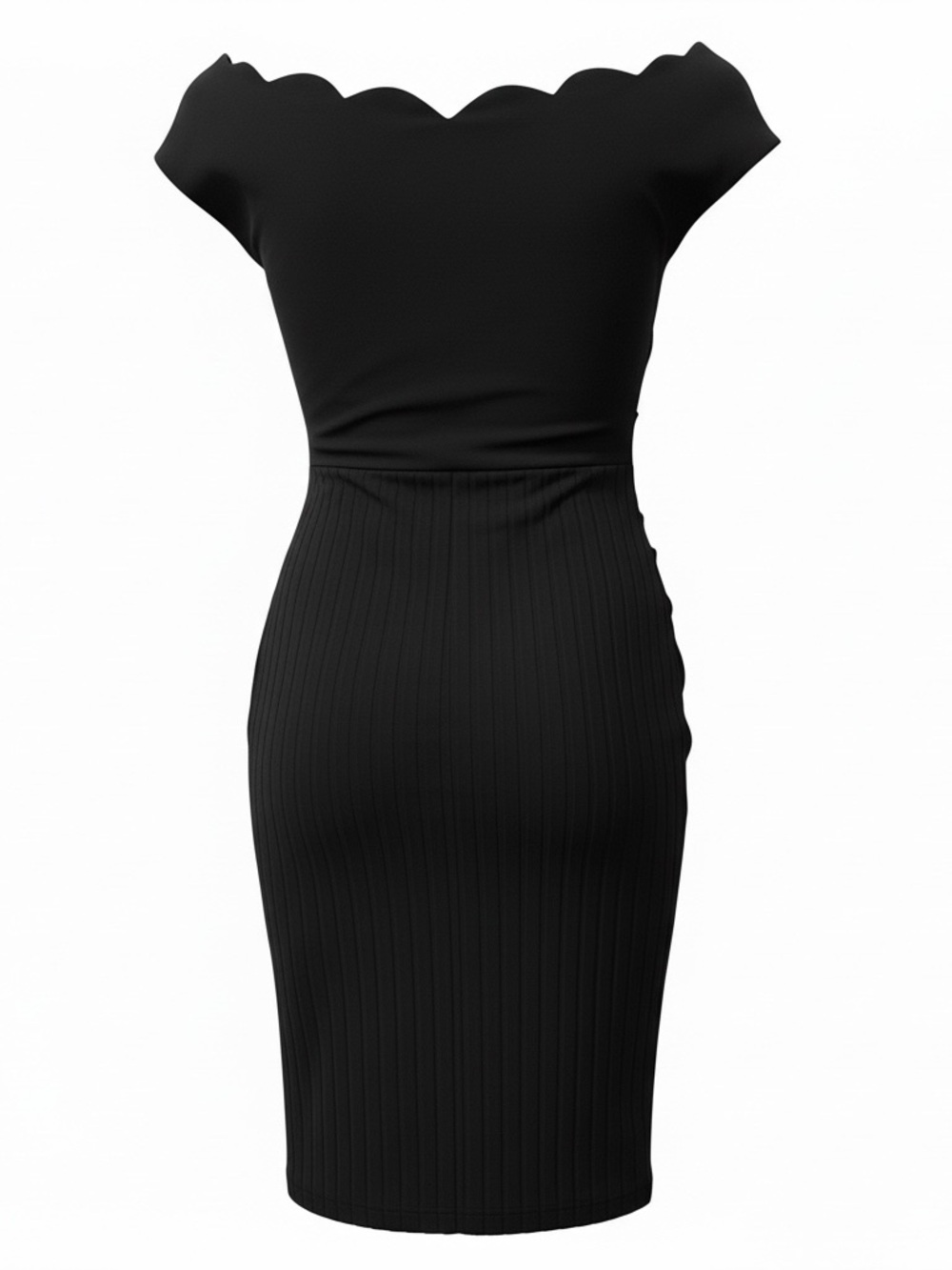 One-Shoulder Scallop Neck Ribbed Black Dress